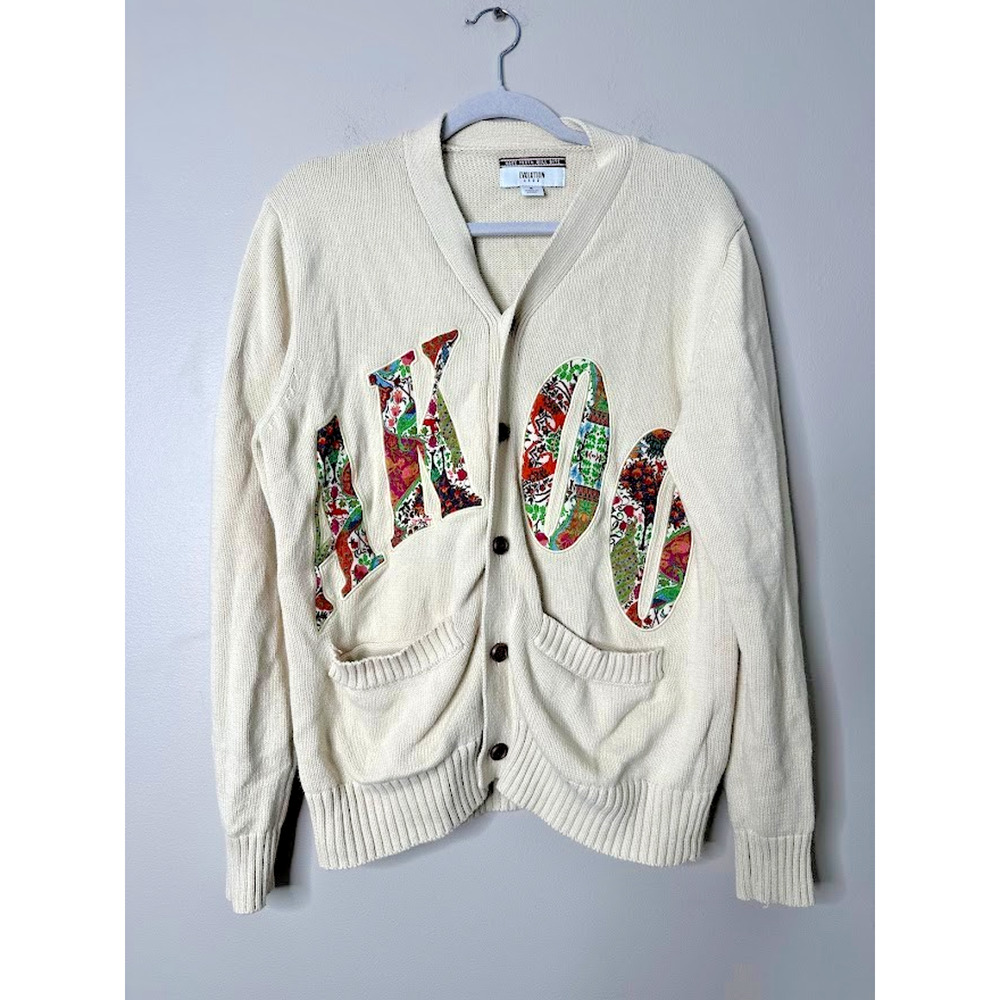 Akoo Roe Mens Cardigan Small Patchwork Varsity Preppy Animal Print Button Ivory